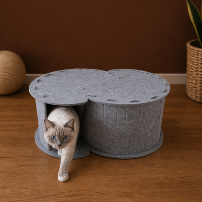 2-i-1 Interaktiv Kattbädd med Klös- och Lekgömma