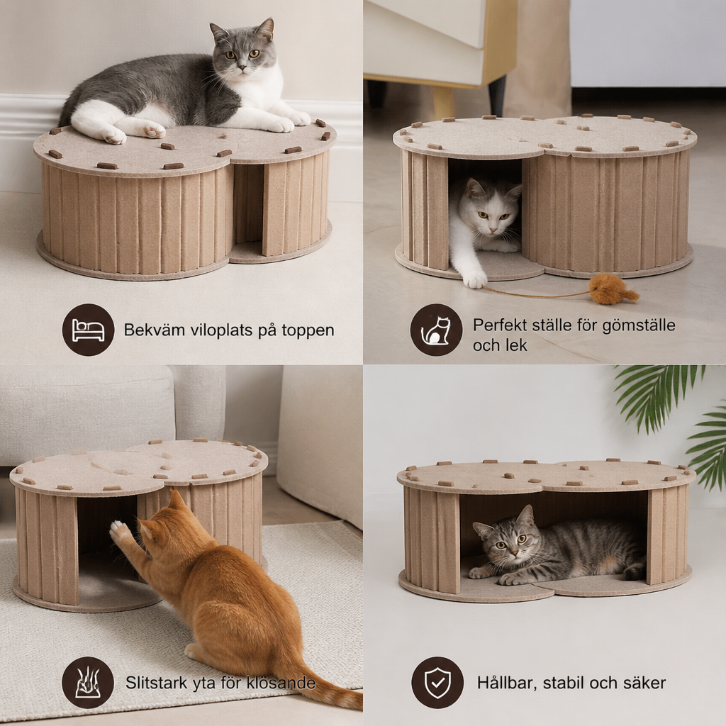 2-i-1 Interaktiv Kattbädd med Klös- och Lekgömma