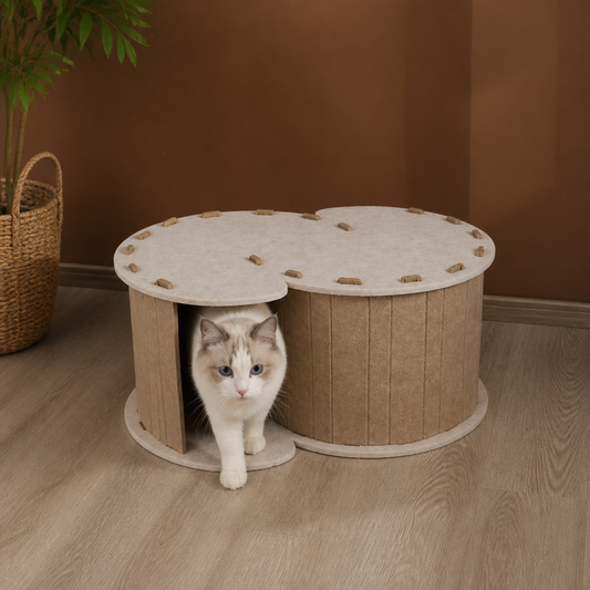 2-i-1 Interaktiv Kattbädd med Klös- och Lekgömma
