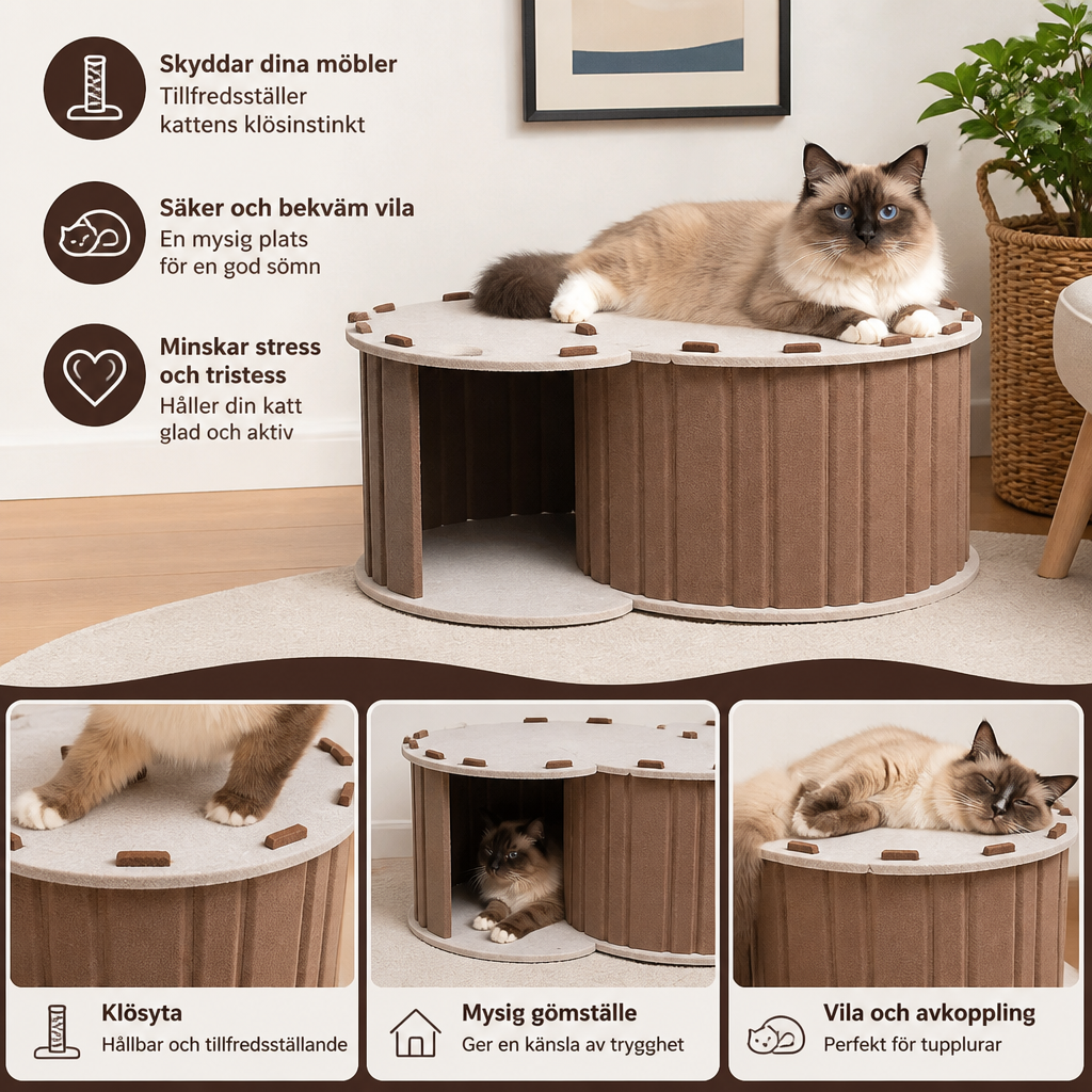 2-i-1 Interaktiv Kattbädd med Klös- och Lekgömma