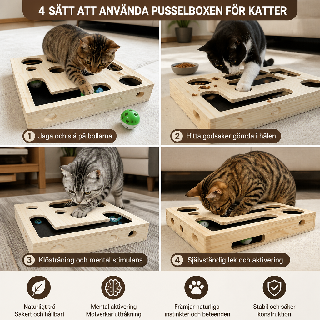 Interaktiv Träpusselbox För Katter – Klös-, Göm- Och Godisleksak För Aktivering