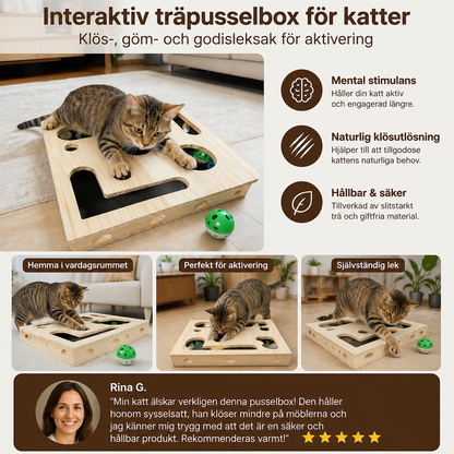 Interaktiv Träpusselbox För Katter – Klös-, Göm- Och Godisleksak För Aktivering