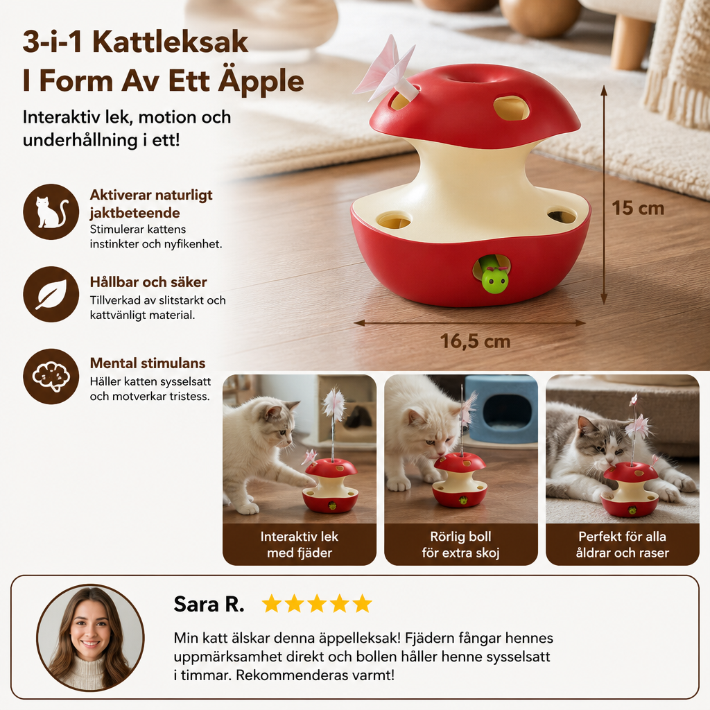 3-i-1 Kattleksak I Form Av Ett Äpple – Interaktiv Leksak Med Fjäder Och Boll