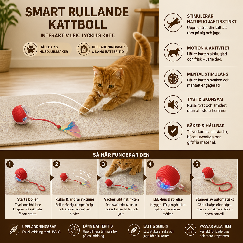 Uppgraderad Smart Rolling Cat Ball – Hållbar Interaktiv Leksak Med Nätspanssvans