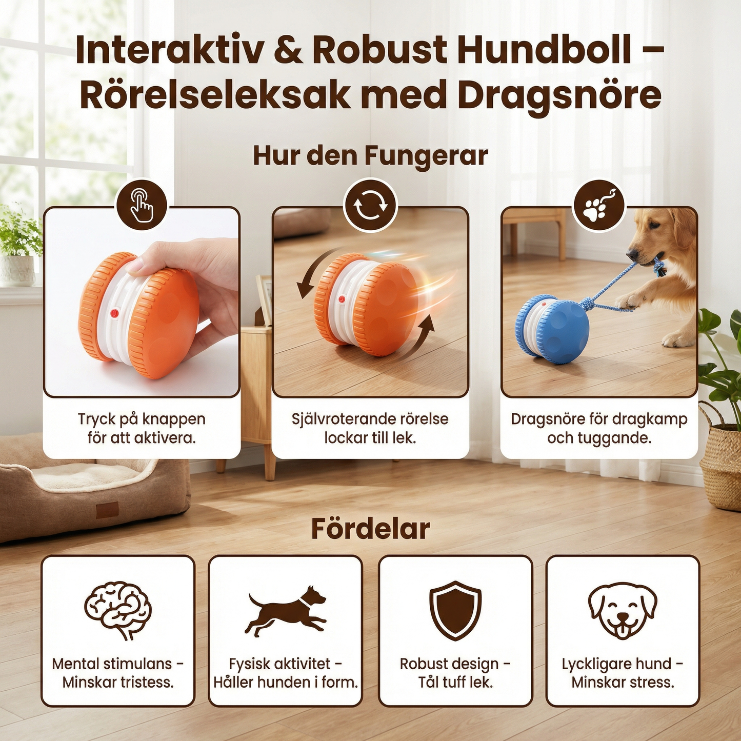 Interaktiv & Robust Hundboll – Rörelseleksak med Dragsnöre i Hundfärger