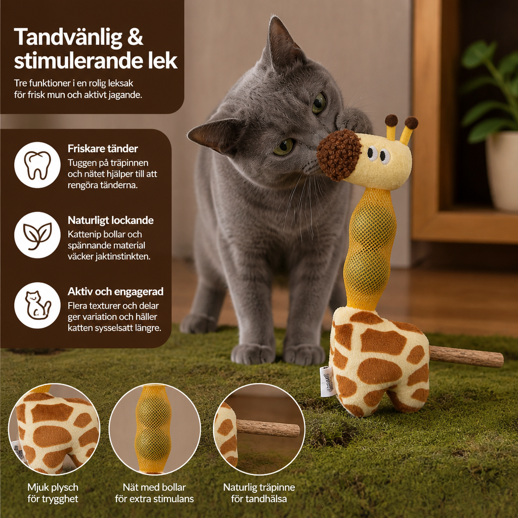 3-i-1 Tandvårdsleksak För Katter I Form Av En Giraff – Plysch, Kattmyntabollar & Naturlig Tuggpinne