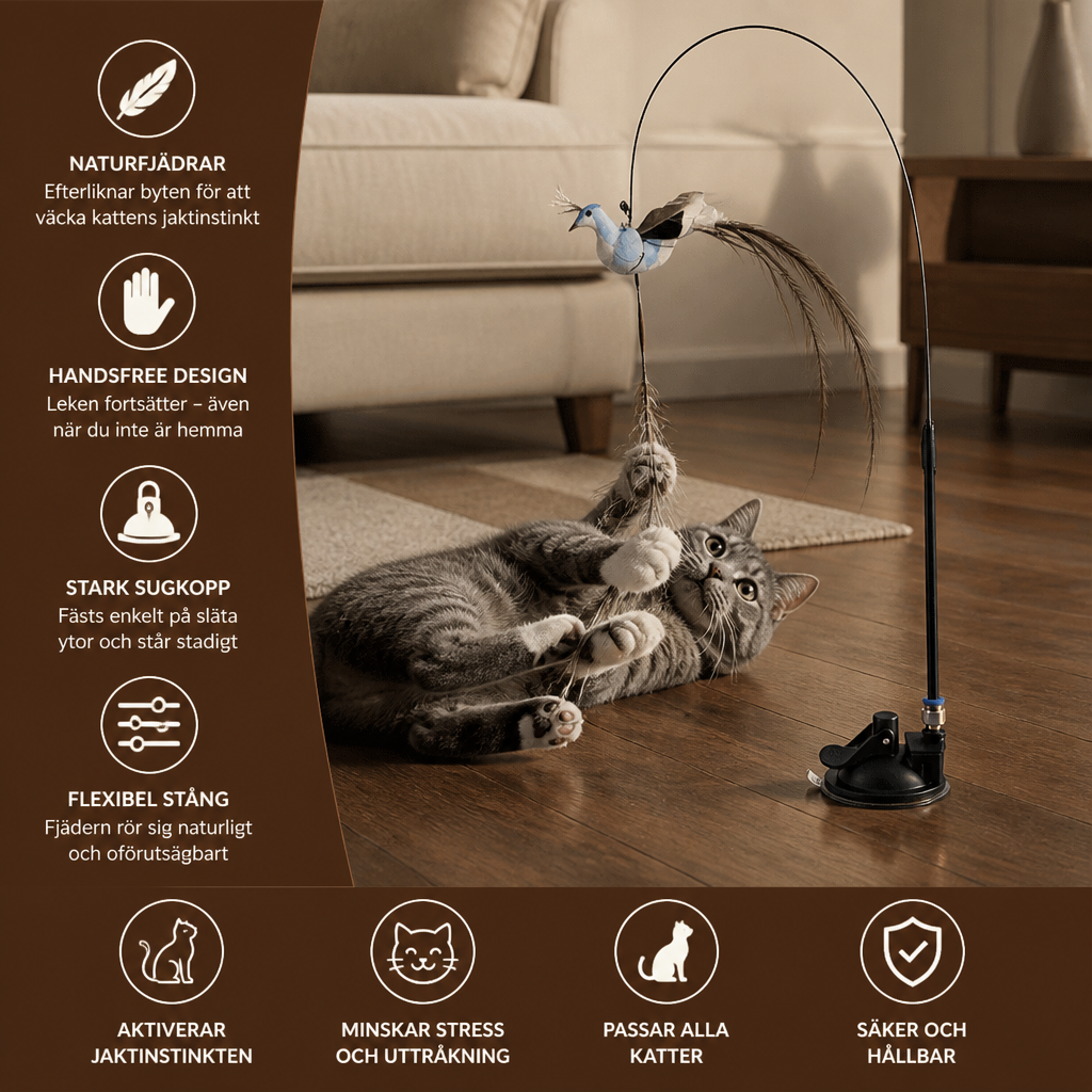 Handsfree interaktiv kattleksak med naturfjädrar och sugkopp
