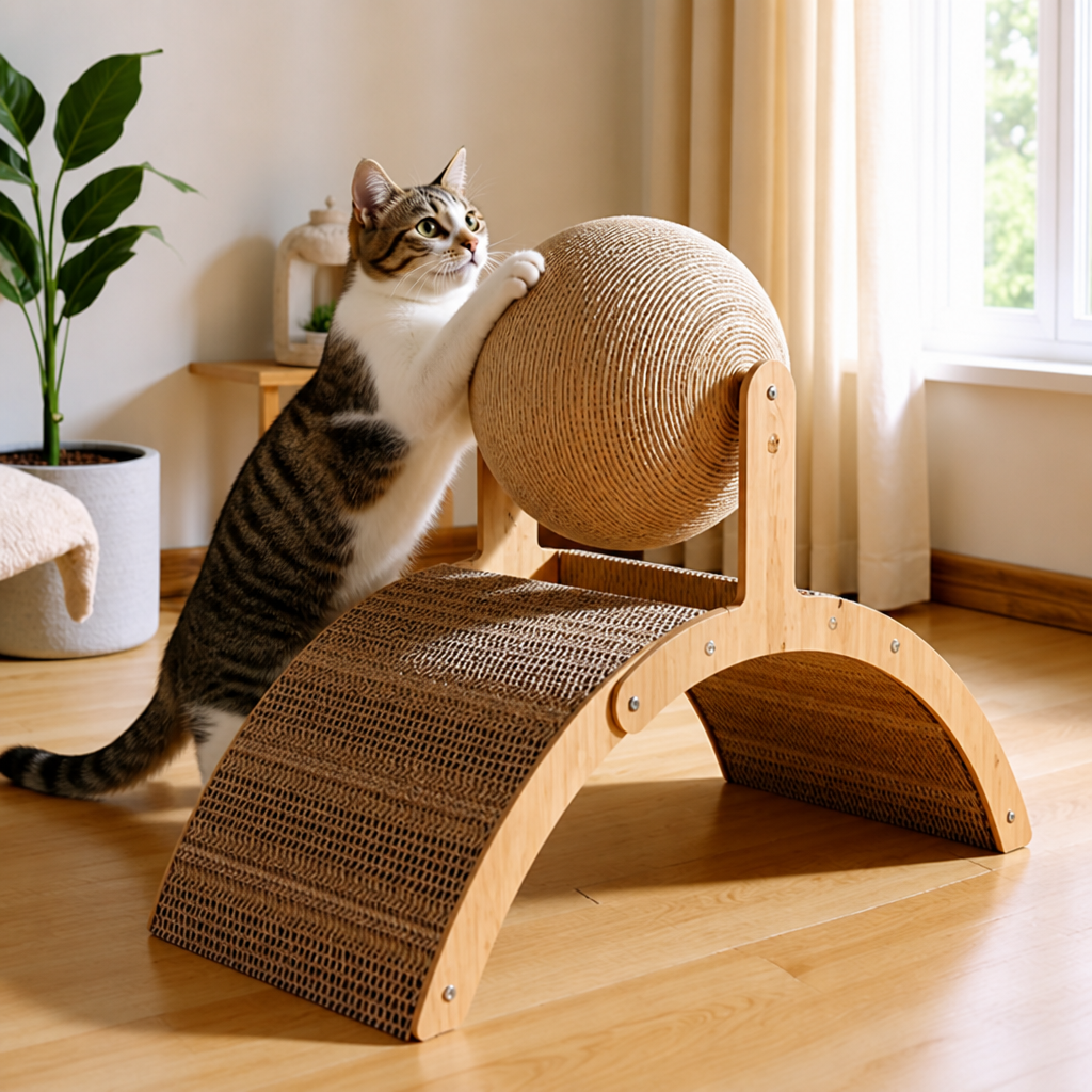 Interaktiv kattskrapa i pariserhjulsdesign med roterande juteboll