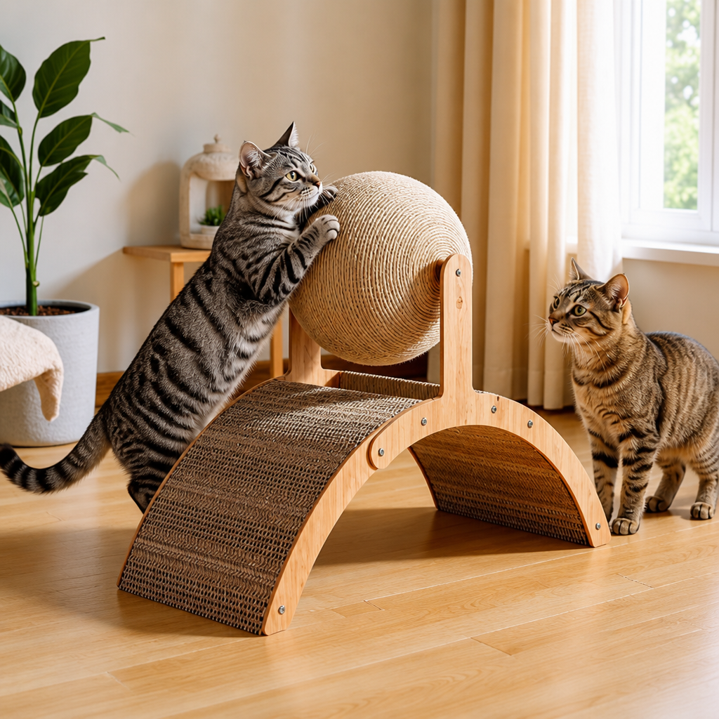 Interaktiv kattskrapa i pariserhjulsdesign med roterande juteboll