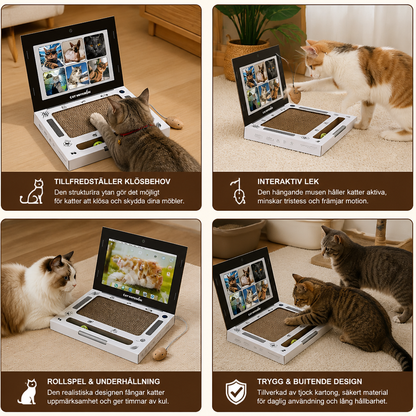 Kattklösare i kartong formad som en laptop & interaktiv leksak