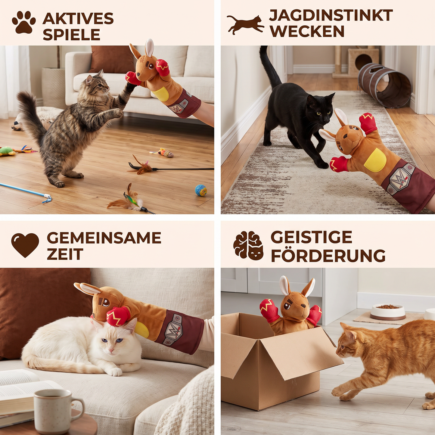 Interaktiv känguru-boxhanddocka för katter