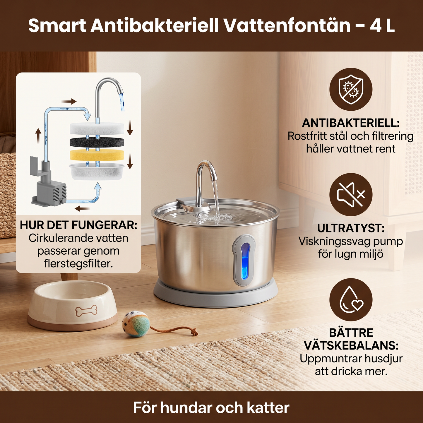 Smart Antibakteriell Vattenfontän I Rostfritt Stål För Husdjur – 4 L, Ultratyst För Bättre Vätskebalans