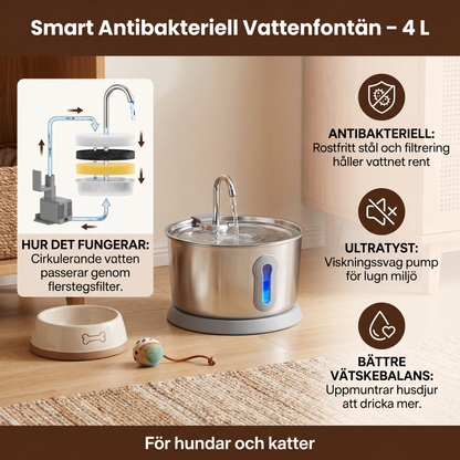 Smart Antibakteriell Vattenfontän I Rostfritt Stål För Husdjur – 4 L, Ultratyst För Bättre Vätskebalans