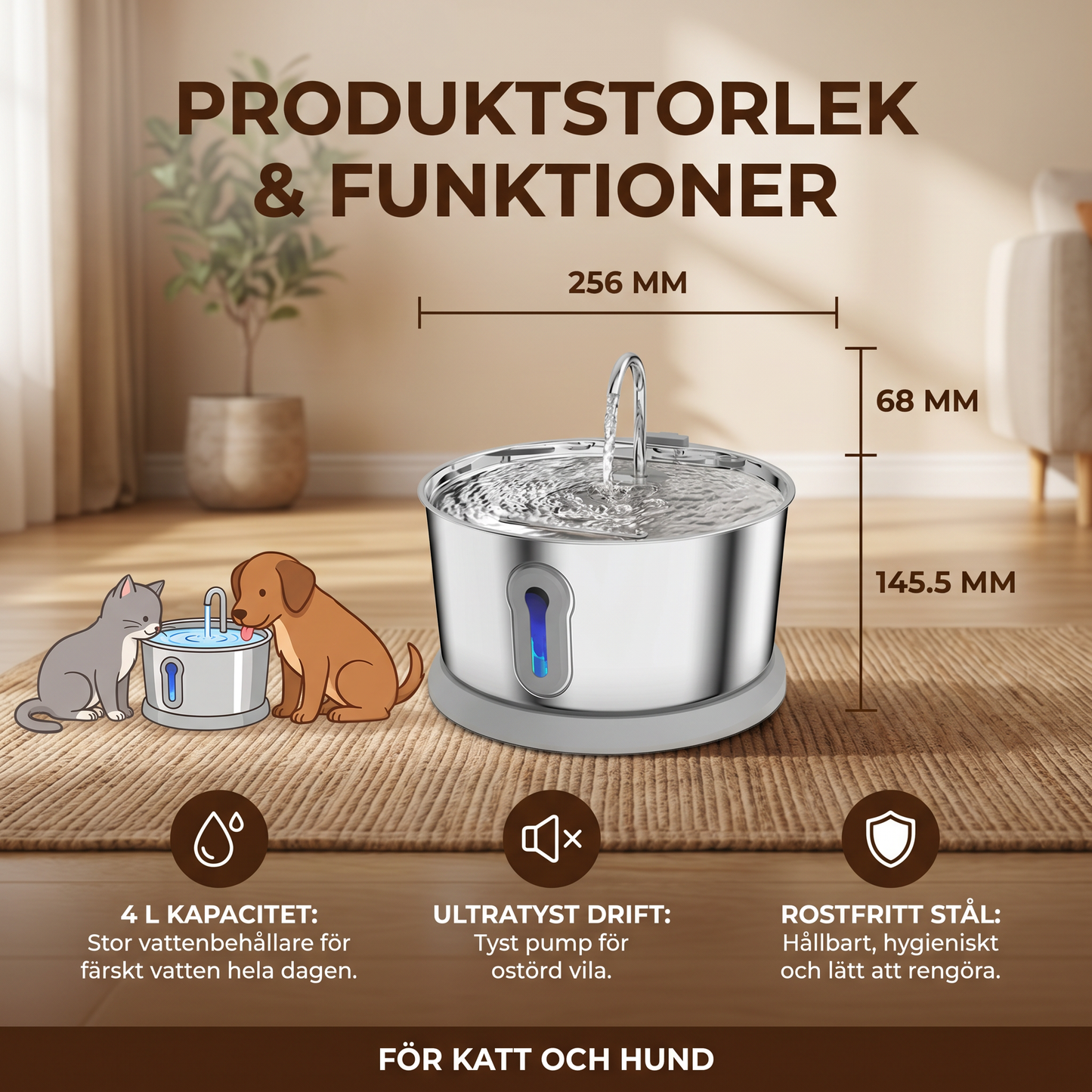 Smart Antibakteriell Vattenfontän I Rostfritt Stål För Husdjur – 4 L, Ultratyst För Bättre Vätskebalans