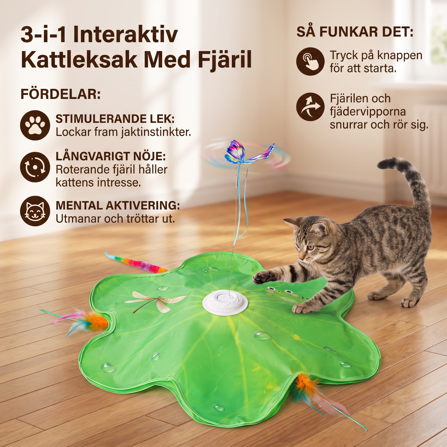 3-i-1 Interaktiv Kattleksak Med Fjäril – Lekmatta Med Fjäril Och Fjädervippor