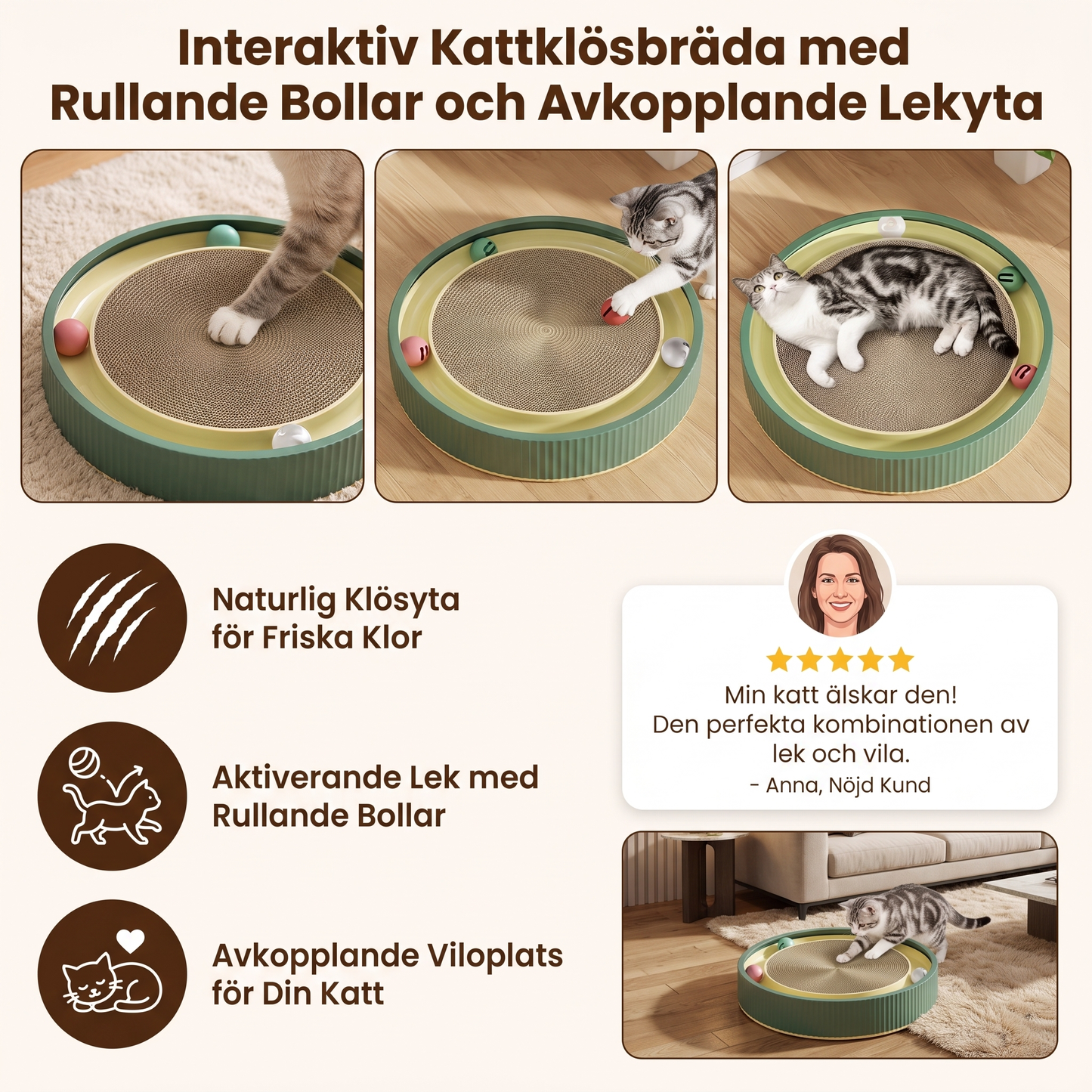Interaktiv Kattklösbräda med Rullande Bollar och Avkopplande Lekyta