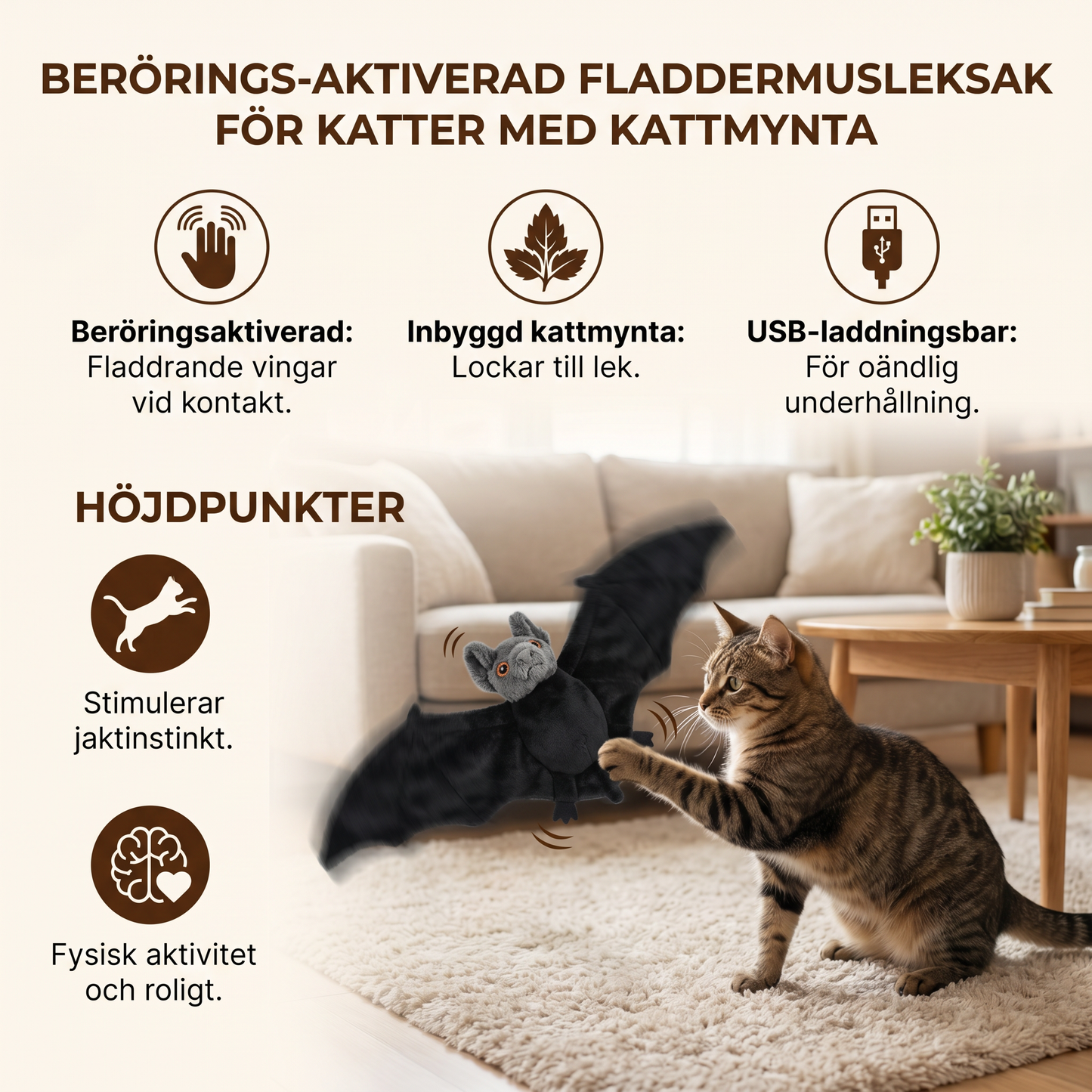 Beröringsaktiverad Fladdrande Fladdermusleksak för Katter med Kattmynta
