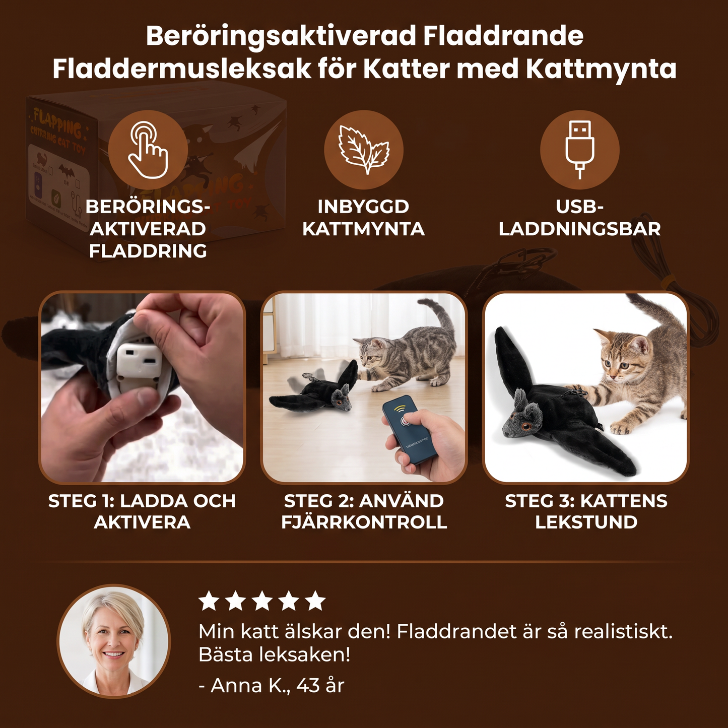 Beröringsaktiverad Fladdrande Fladdermusleksak för Katter med Kattmynta