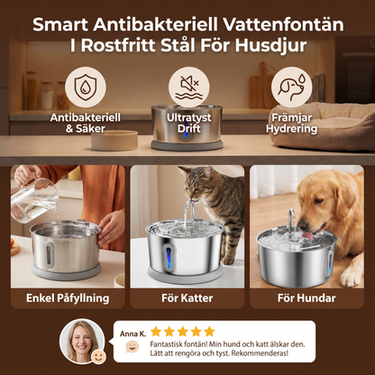 Smart Antibakteriell Vattenfontän I Rostfritt Stål För Husdjur – 4 L, Ultratyst För Bättre Vätskebalans