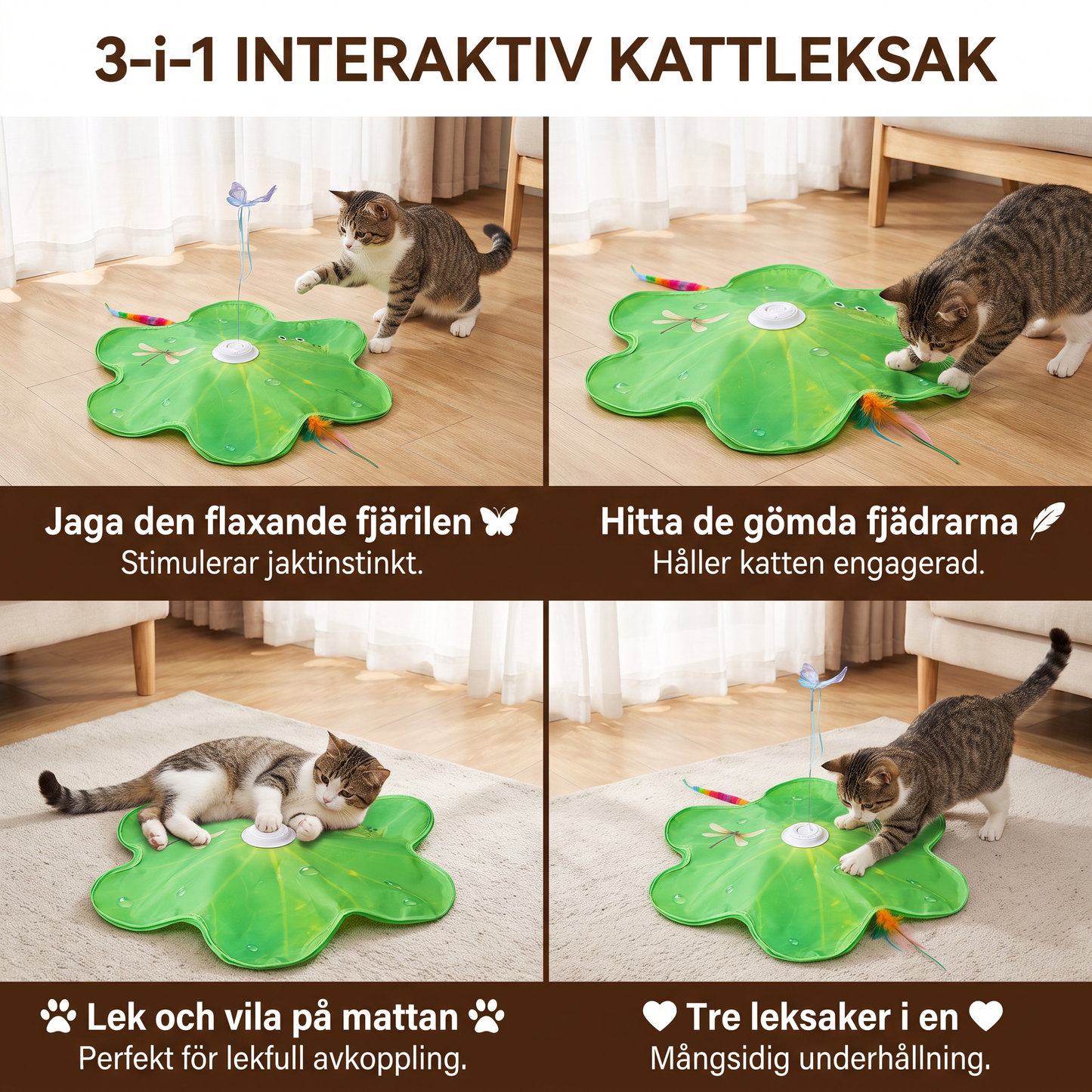 3-i-1 Interaktiv Kattleksak Med Fjäril – Lekmatta Med Fjäril Och Fjädervippor