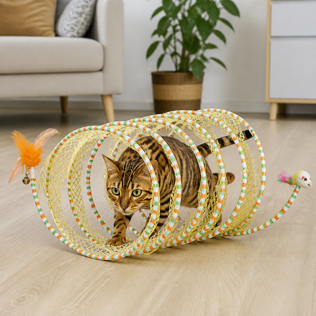Hopfällbar Spiral Kattlektunnel Med Fjäderbjällror