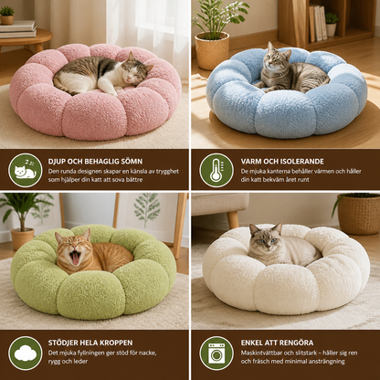 Lyxig Fluffig Donut-Kattsäng med Blommönster – Mjuk och Tvättbar Rund Kudde