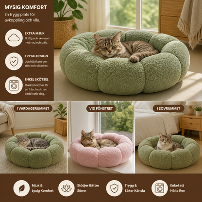 Lyxig Fluffig Donut-Kattsäng med Blommönster – Mjuk och Tvättbar Rund Kudde