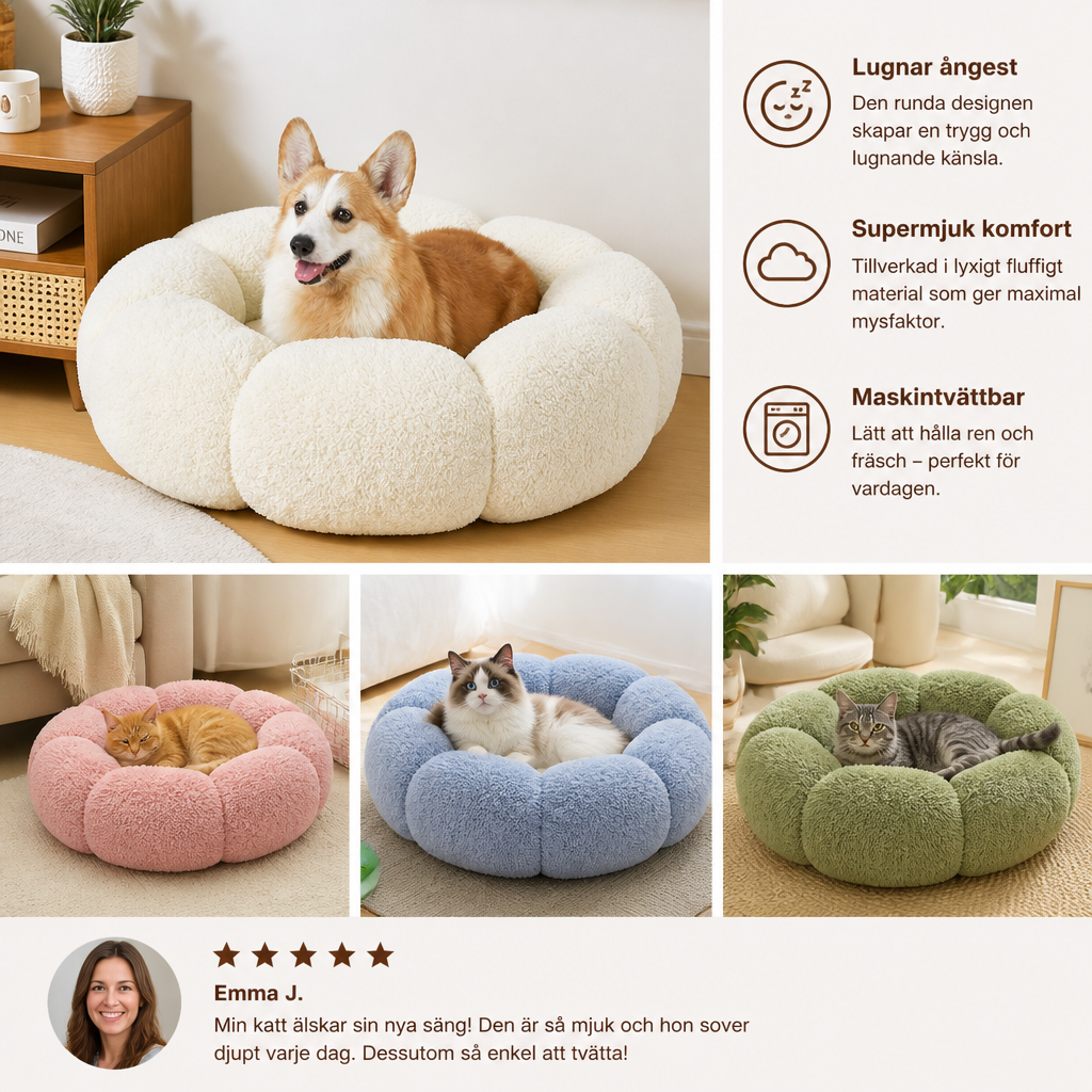 Lyxig Fluffig Donut-Kattsäng med Blommönster – Mjuk och Tvättbar Rund Kudde