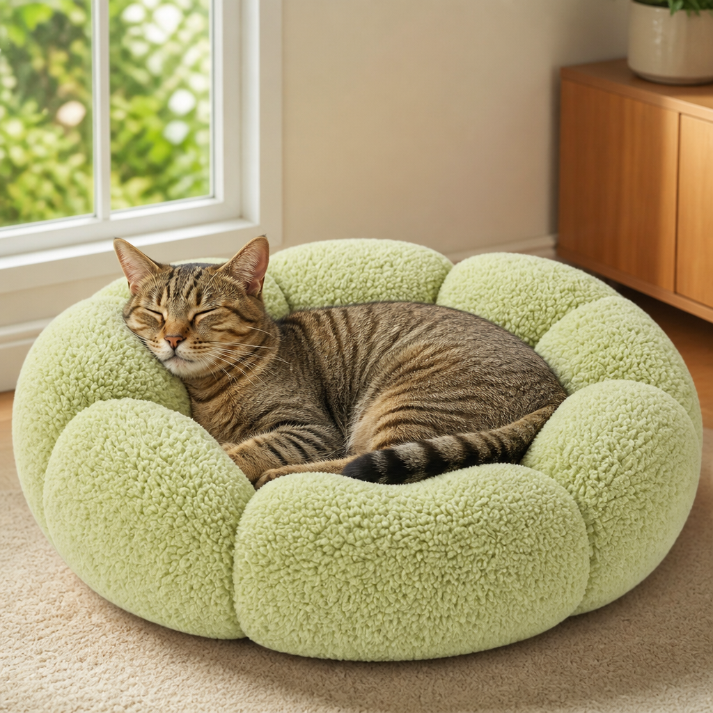Lyxig Fluffig Donut-Kattsäng med Blommönster – Mjuk och Tvättbar Rund Kudde