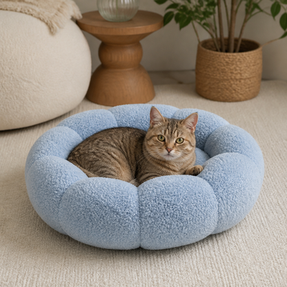 Lyxig Fluffig Donut-Kattsäng med Blommönster – Mjuk och Tvättbar Rund Kudde