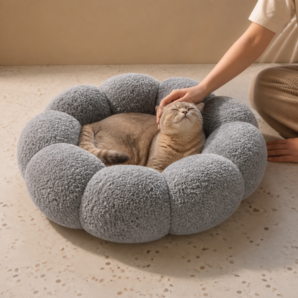 Lyxig Fluffig Donut-Kattsäng med Blommönster – Mjuk och Tvättbar Rund Kudde