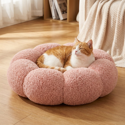 Lyxig Fluffig Donut-Kattsäng med Blommönster – Mjuk och Tvättbar Rund Kudde