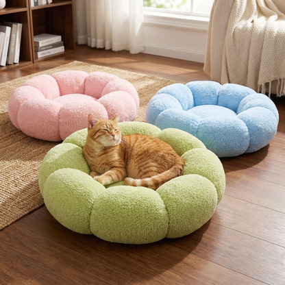 Lyxig Fluffig Donut-Kattsäng med Blommönster – Mjuk och Tvättbar Rund Kudde
