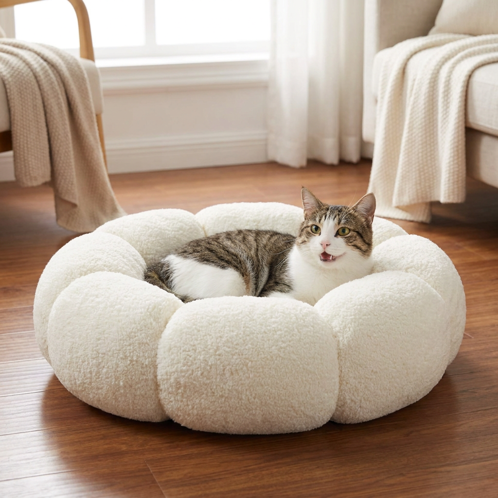 Lyxig Fluffig Donut-Kattsäng med Blommönster – Mjuk och Tvättbar Rund Kudde