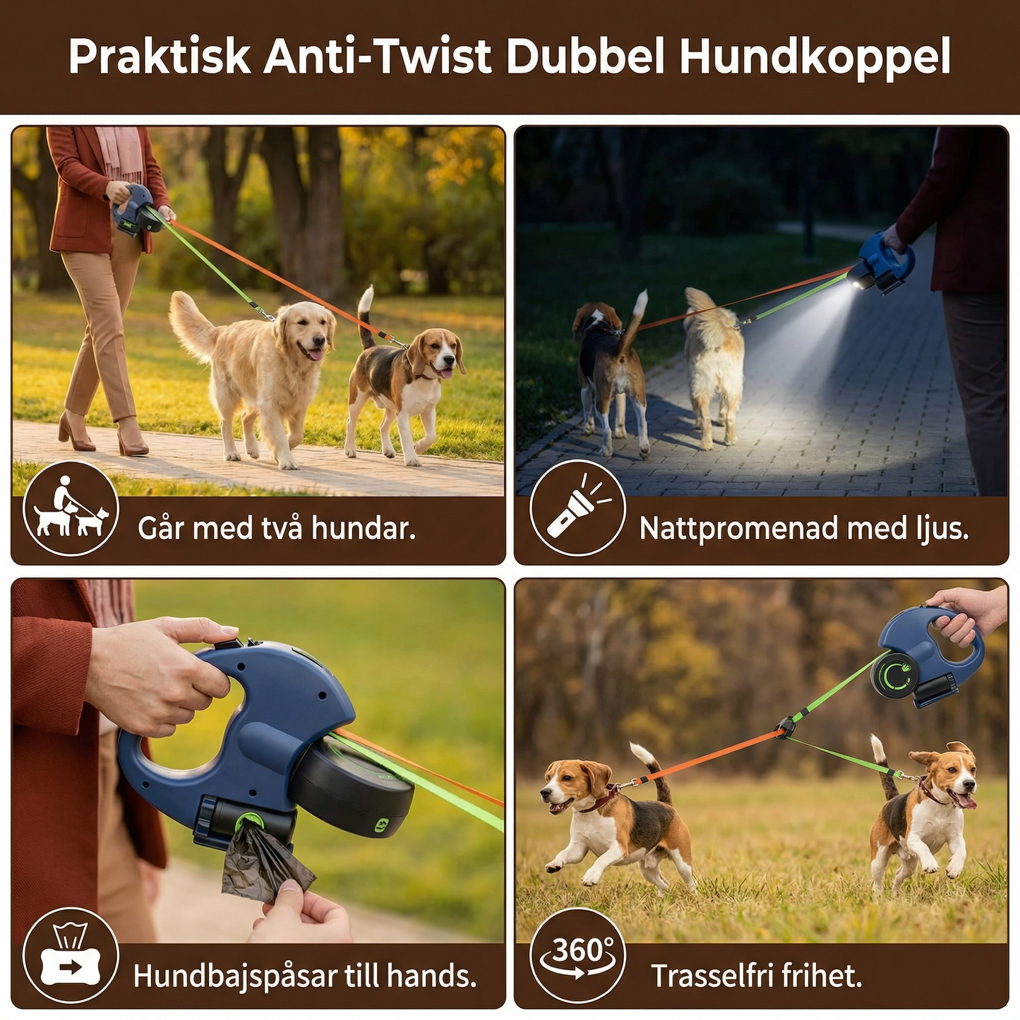 Praktisk Anti-Twist Dubbel Hundkoppel