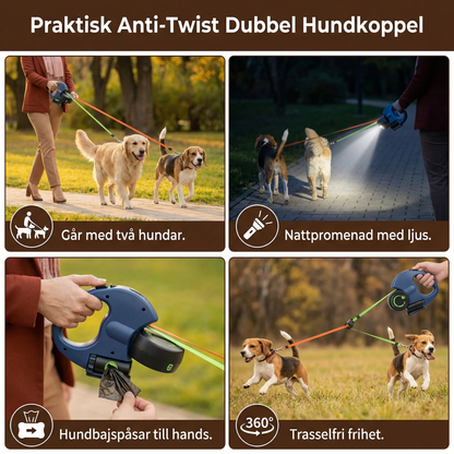 Praktisk Anti-Twist Dubbel Hundkoppel