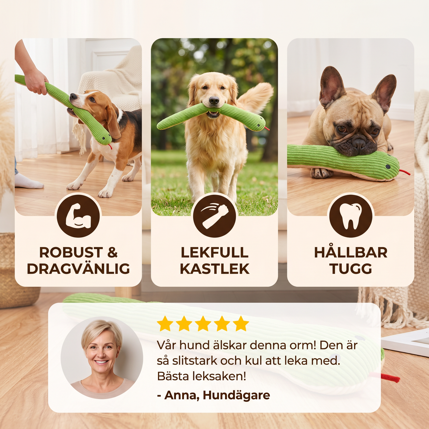 Robust plysdjur i ormliknande form för hundar
