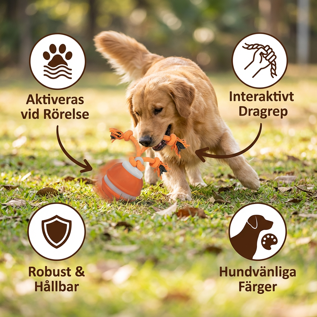 Robust hundboll med rörelsesensor och dragrep i hundvänliga färger