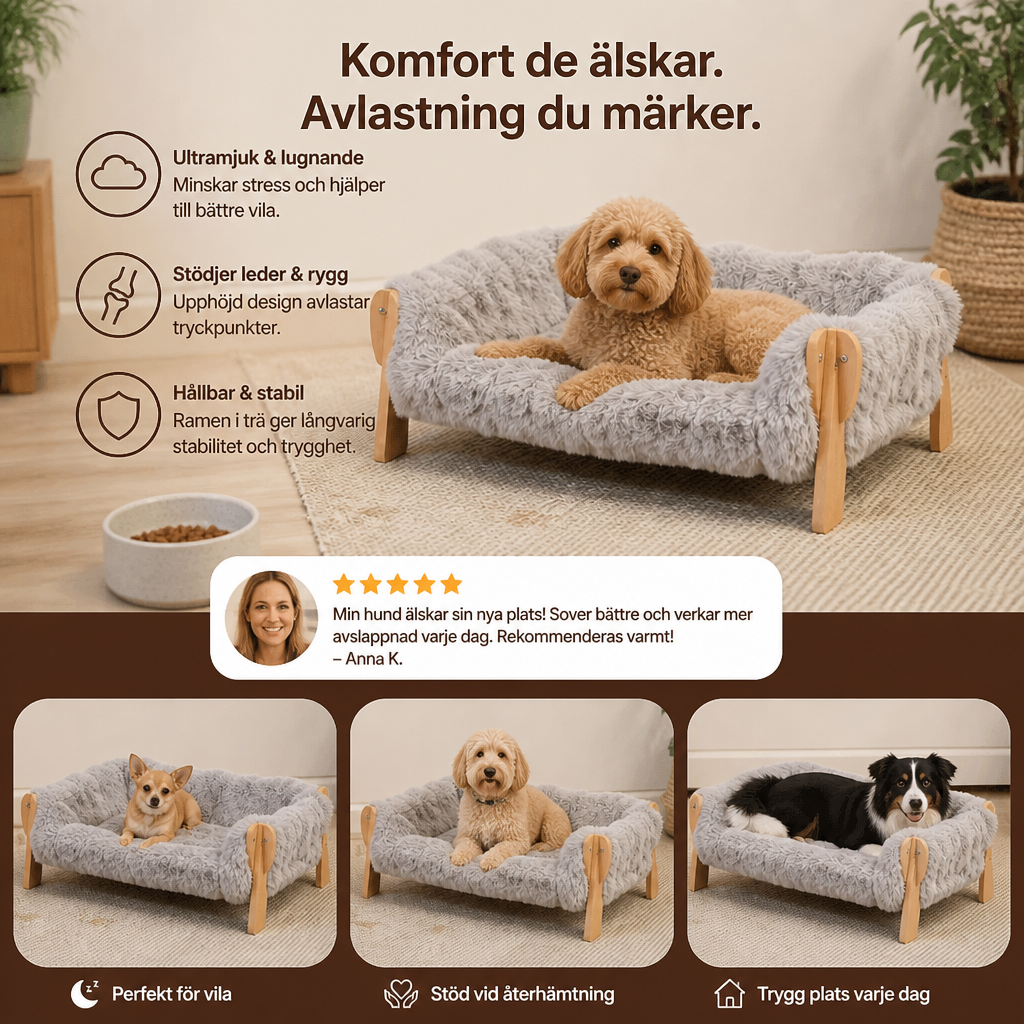 Lyxig, upphöjd hundsäng i massivt trä