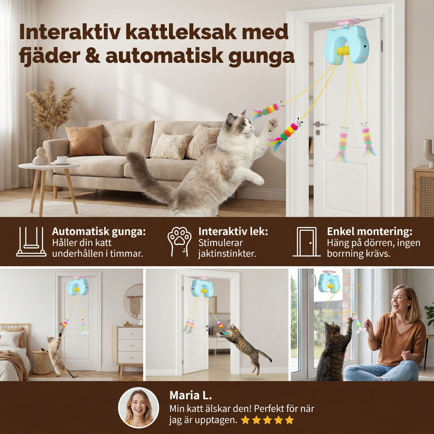 Interaktiv kattleksak med fjäder & automatisk gunga – elektrisk dörrhängd leksak för katter