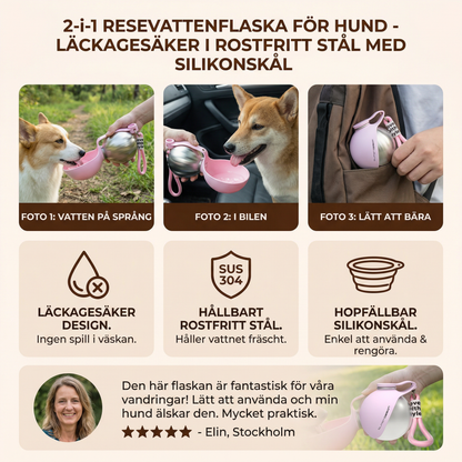 2-i-1 resevattenflaska för hund – läckagesäker flaska i rostfritt stål med silikonskål