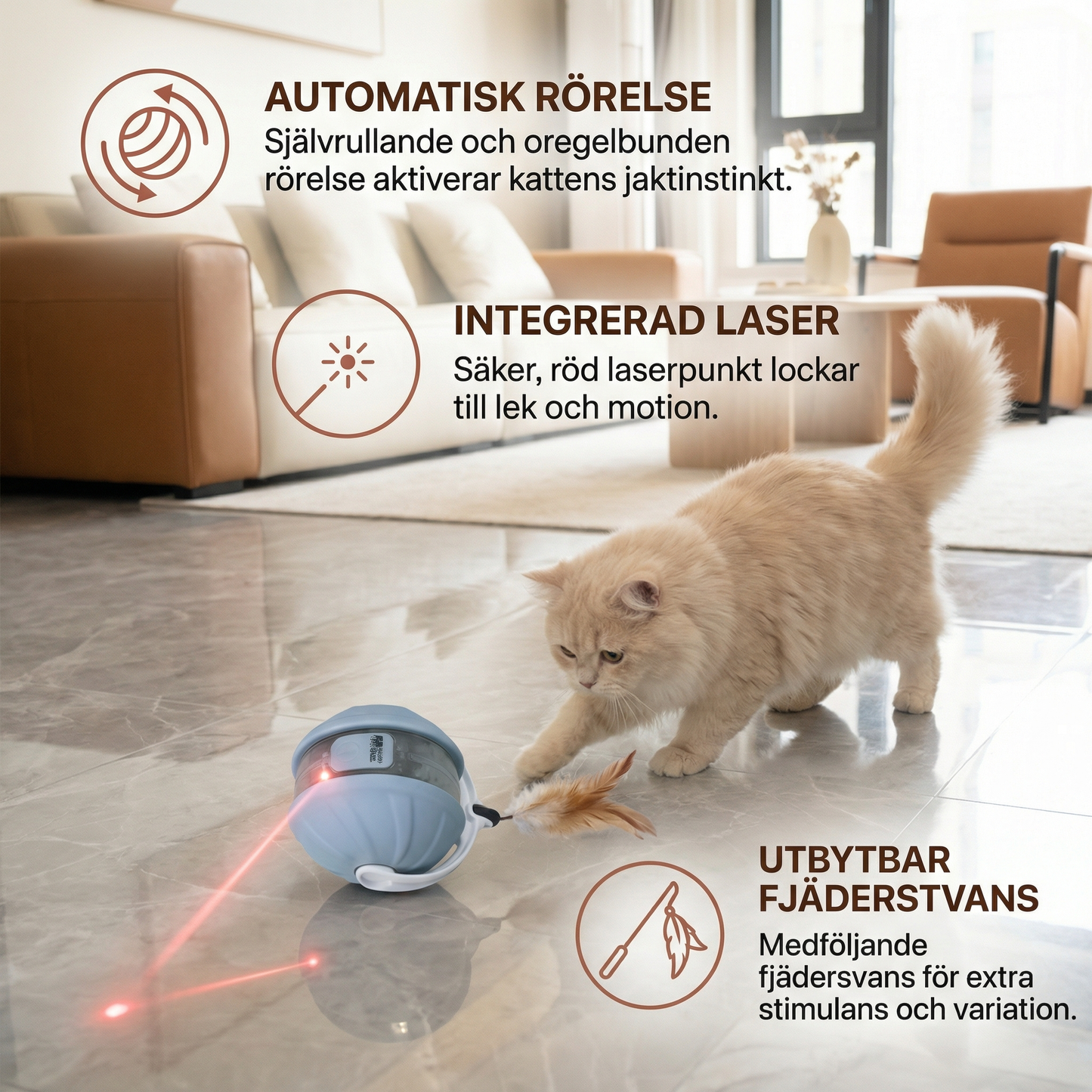3-i-1 Interaktiv Katt Laser Lekboll med Fjäderstjärt