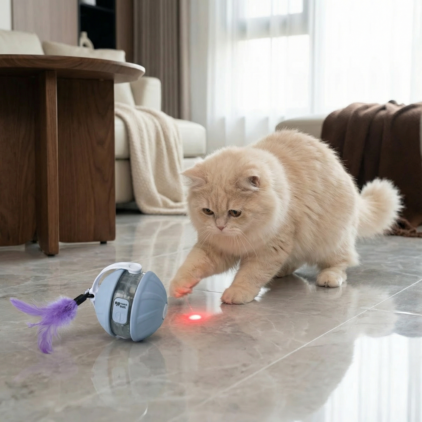 3-i-1 Interaktiv Katt Laser Lekboll med Fjäderstjärt