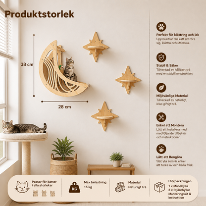 Modern Träväggmonterad Kattklätterhylla & Bäddset med Måne- och Stjärndesign