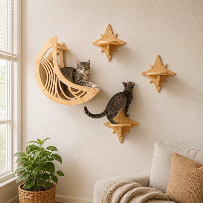 Modern Träväggmonterad Kattklätterhylla & Bäddset med Måne- och Stjärndesign