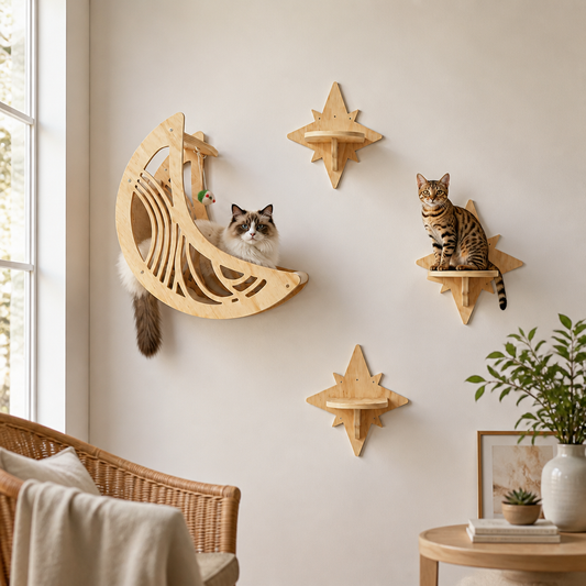 Modern Träväggmonterad Kattklätterhylla & Bäddset med Måne- och Stjärndesign