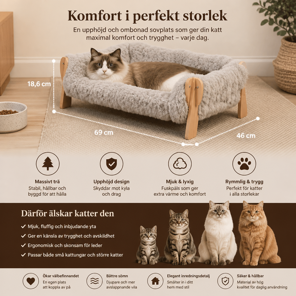 Lyxig, upphöjd kattsäng i massivt trä