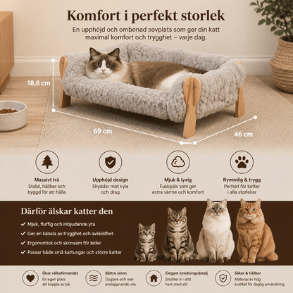 Lyxig, upphöjd kattsäng i massivt trä