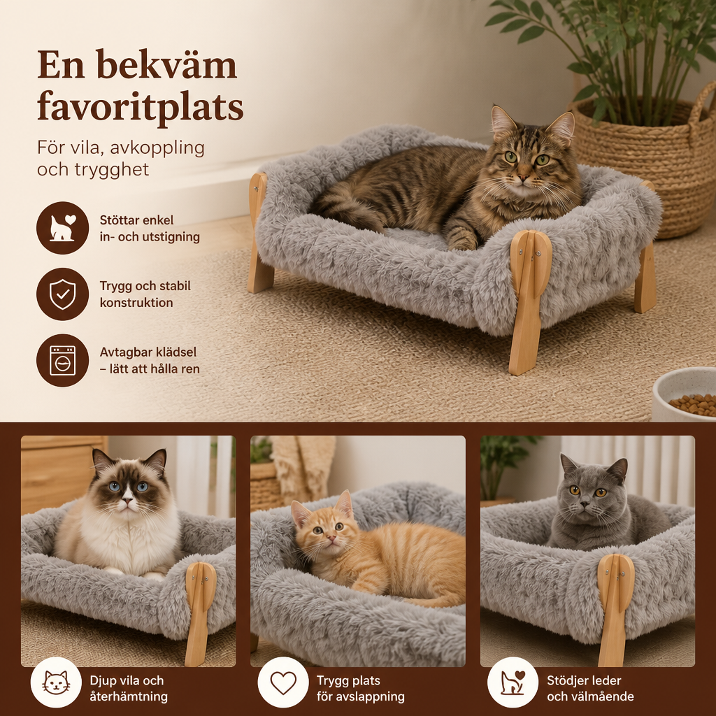 Lyxig, upphöjd kattsäng i massivt trä
