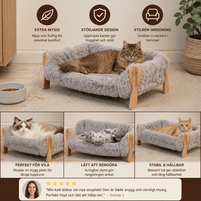 Lyxig, upphöjd kattsäng i massivt trä